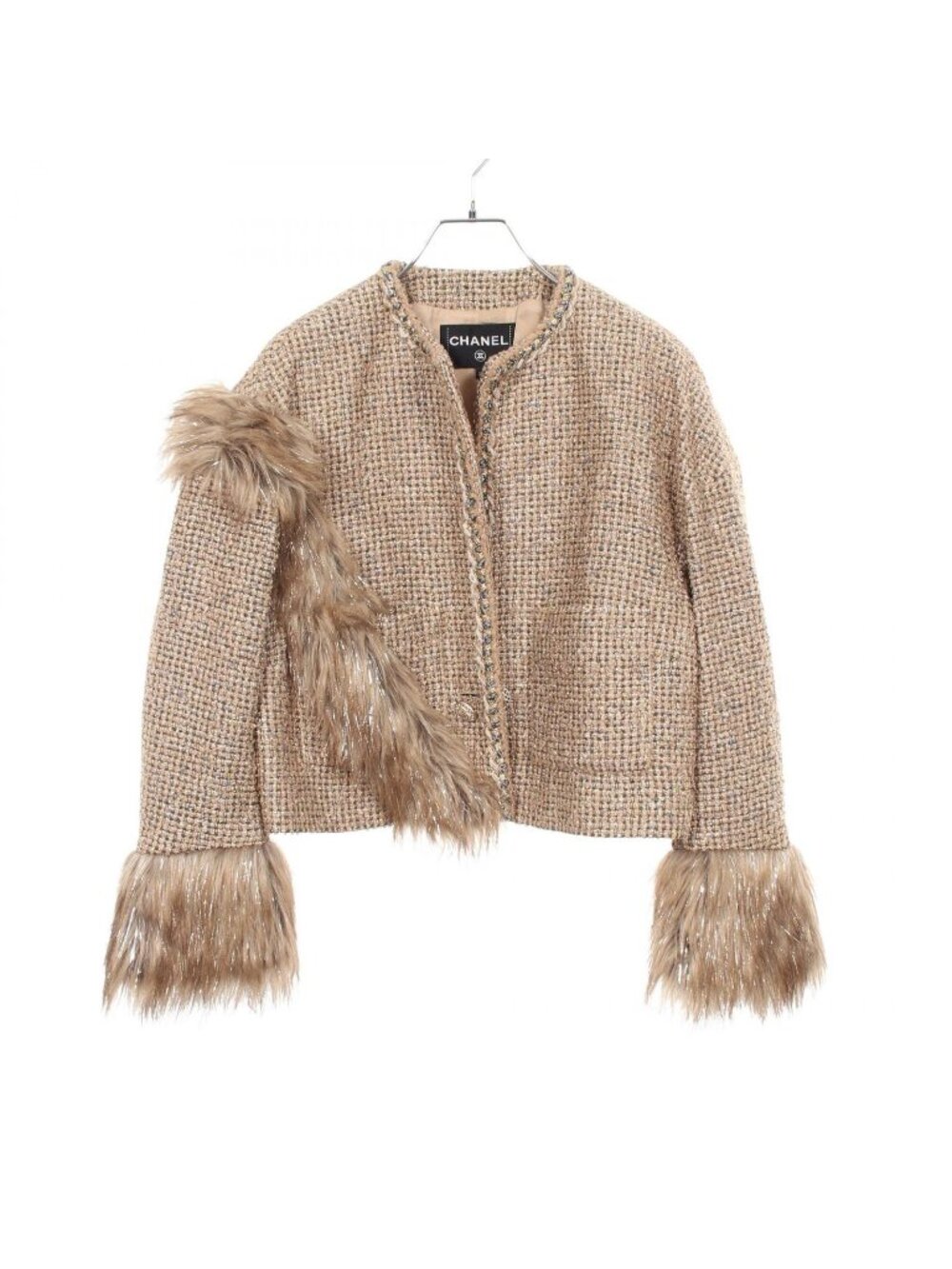 Chanel Collarless Jacket CC Logo Button Fur Short Tweed Wool